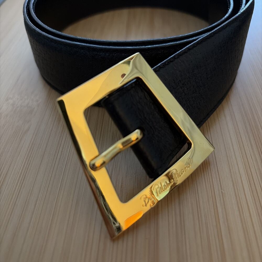 Paloma Picasso Black Leather Gold Belt Brass Signature Buckle XL 85